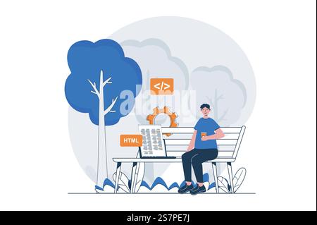 Freelance working web concept with character scene. Man programmer working with code while sitting in park. People situation in flat design. Vector illustration for social media marketing material. Stock Vector