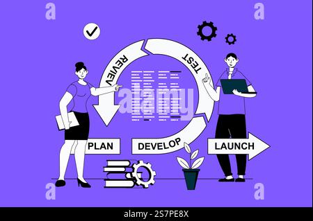 Agile development web concept with character scene in flat design. People working and develop software, test, review and other devops cycle. Vector illustration for social media marketing material. Stock Vector