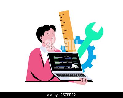 Programming software concept with character situation. Man working with code at laptop, finding new solutions, fixing bugs and testing. Vector illustration with people scene in flat design for web Stock Vector