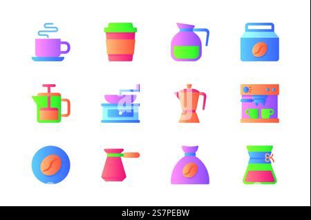 Coffee icons set in color flat design. Pack of hot drink mug, takeaway cup, bean bag, french press, grinder machine, cezve, morning beverage and other. Vector pictograms for web sites and mobile app Stock Vector