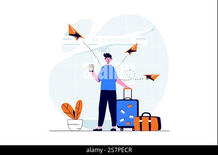 Travelling web concept with character scene. Man with suitcase waiting for flight on vacation in airport. People situation in flat design. Vector illustration for social media marketing material. Stock Vector