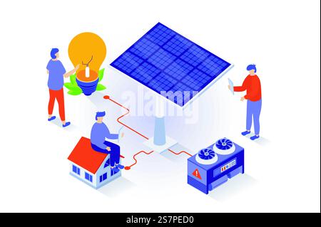 Eco lifestyle concept in 3d isometric design. People use solar panels to generate green electricity for smart homes and electric light bulbs. Vector illustration with isometry scene for web graphic Stock Vector