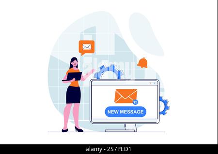Email marketing web concept with character scene. Woman receiving notifications of new advertising mailing. People situation in flat design. Vector illustration for social media marketing material. Stock Vector