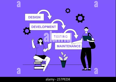 Waterfall development web concept with character scene in flat design. People use data visualization plan with steps for programming workflow. Vector illustration for social media marketing material. Stock Vector