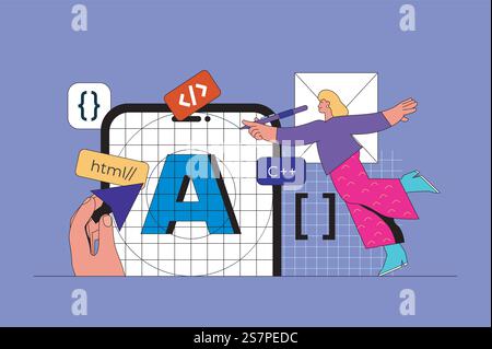 App development web concept with character scene. Woman developer programming, coding and creating software and ui layout. People situation in flat design. Vector illustration for marketing material. Stock Vector