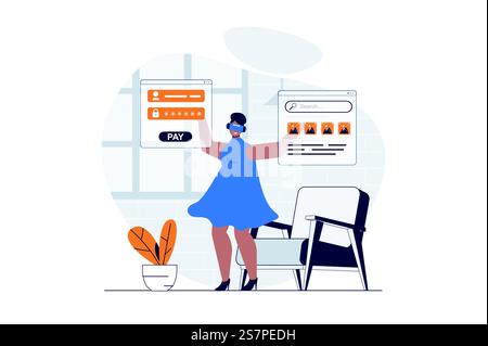 Cyberspace web concept with character scene. Woman in VR works and interacts with screens in virtual reality. People situation in flat design. Vector illustration for social media marketing material. Stock Vector