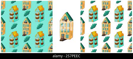 Set Seamless patterns with decorative colorful houses. Building, residential. Pattern in hand draw style. Print for cloth design, textile, fabric Stock Vector