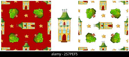 Set Seamless patterns with decorative colorful houses. Building. Pattern in hand draw style, created for fabrics, textiles, wrapping paper, packaging, Stock Vector