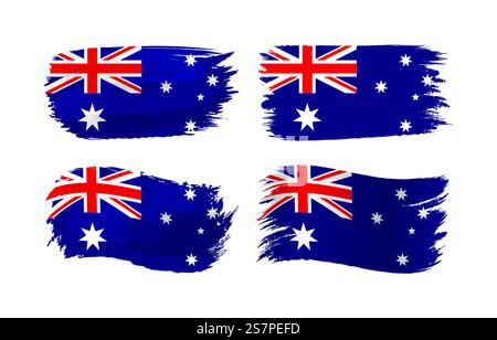 Set of of grunge graphic style Australian flags. Flag of Australia creative collection. Abstract artistic 3D and waving shapes with isolated clipping Stock Vector