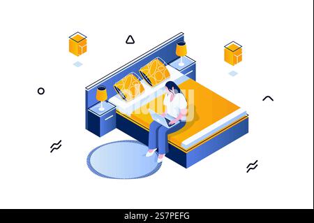 Home interior concept in 3d isometric design. Woman working at laptop and sitting on bed in bedroom. Furnishing and decoration in room. Vector illustration with isometric people scene for web graphic Stock Vector