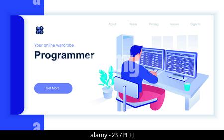 Programmer concept 3d isometric web banner with people scene. Man codes and programs working on computers, creates programs and software. Vector illustration for landing page and web template design Stock Vector