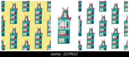 Blue houses. Set Cute city seamless pattern. Pattern in hand draw style, created for fabrics, etc Stock Vector