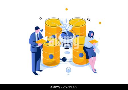 Eco lifestyle concept in 3d isometric design. Ecological fuel barrels storage station, biotechnology technology for alternative sources. Vector illustration with isometric people scene for web graphic Stock Vector