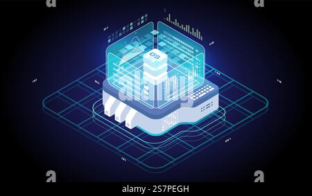 Big data analysis algorithm. Computation of big data center. Internet traffic routing. Energy station concept cloud storage technology. Stock Vector