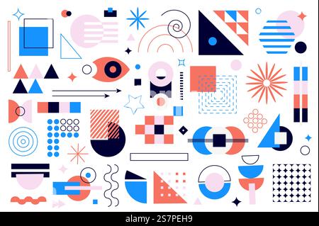 Geometric shapes mega set graphic elements in flat design. Bundle of squares, curl lines, circles, stars, triangles, arrows and other simple forms and composition. Vector illustration isolated objects. Geometric Shapes Vector Set Stock Vector