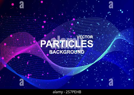 Abstract wave background with glowing particles. Wallpaper with flowing fractal lines with dots splash in blue and pink colors and glittering effect. Bright dynamic banner design. Vector illustration Stock Vector