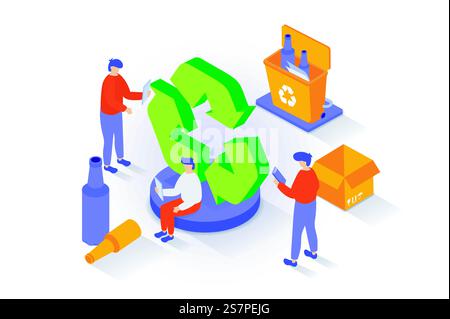 Eco lifestyle concept in 3d isometric design. People collecting and separating garbage in bins, recycle plastic bottles, zero waste and reuse. Vector illustration with isometry scene for web graphic Stock Vector