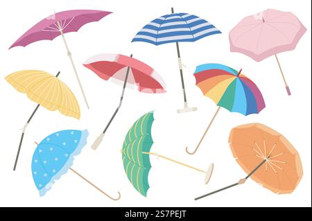 Umbrellas mega set graphic elements in flat design. Bundle of open parasols with different colors and patterns, types of handles for beach, rain and sunny weather. Vector illustration isolated objects. Umbrellas Vector Set Stock Vector