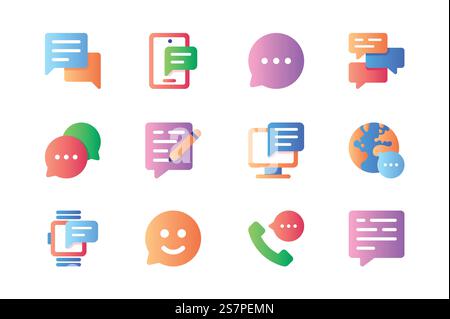 Communication icons set in color flat design. Pack of message, chat bubble, phone call, computer, globe, emoticon, business mail, information and other. Vector pictograms for web sites and mobile app Stock Vector