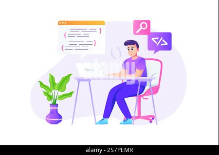 Programmer working concept in flat style with people scene. Happy man coding and programming at laptop sitting desk at home office. Developer doing tasks online. Vector illustration for web design Stock Vector