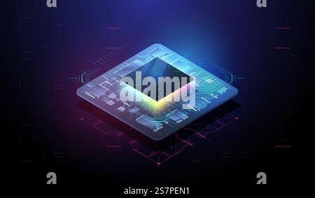 Digital chip with HUD elements. Futuristic microchip processor. Modern CPU illustration . Central Computer Processors. Tech Futuristic Template. Quantum computer database concept. Stock Vector