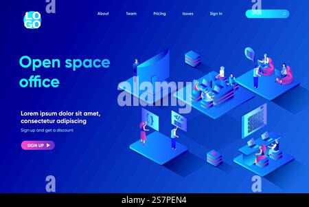 Open space office concept 3d isometric web landing page. People work in coworking place together, perform and discuss tasks, collaborate and brainstorm. Vector illustration for web template design Stock Vector