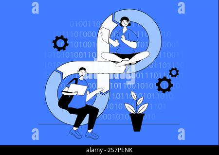 Devops web concept with character scene in flat design. People creating software and using development operations system for communication. Vector illustration for social media marketing material. Stock Vector