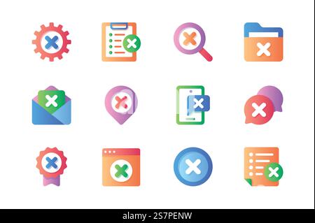 Reject icons set in color flat design. Pack of error gear, stop list, error search, close file, letter, wrong message, negative chat bubble and other. Vector pictograms for web sites and mobile app Stock Vector