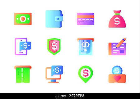 Payment icons set in color flat design. Pack of money, wallet, credit card, bag, message, protection shield, atm cash, dollar, buy, purchase and other. Vector pictograms for web sites and mobile app Stock Vector