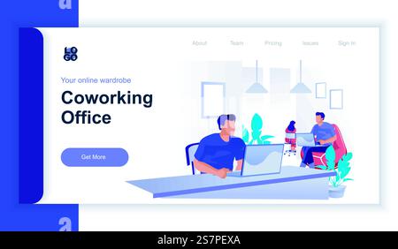 Coworking office concept 3d isometric web banner with people scene. Employees working on laptops at desktops in open office together. Vector illustration for landing page and web template design Stock Vector