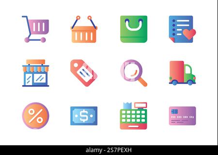 Shopping icons set in color flat design. Pack of supermarket cart, basket, bag, wish list, store building, sale, discount coupon, credit card and other. Vector pictograms for web sites and mobile app Stock Vector