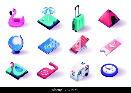 Travel vacation 3d isometric icons set. Swimming pool, luggage, camping tent, passport, ticket, hotel booking, compass and other isolated elements pack. Vector illustration in realistic render design Stock Vector