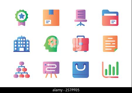 Business icons set in color flat design. Pack of achievement goal, success medal, parcel, office chair, file folder, building, brainstorming and other. Vector pictograms for web sites and mobile app Stock Vector