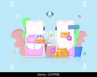 Mobile email service concept 3D illustration. Icon composition with sending and receiving emails in smartphone applications, mailbox full of new letters. Vector illustration for modern web design Stock Vector