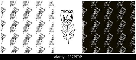 Monochrome Seamless patterns. Folk flower ornament. Pattern in hand drawn style. Print for cloth design, textile, fabric, wallpaper, wrapping paper, d Stock Vector