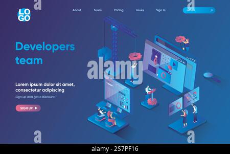 Developers team concept 3d isometric web landing page. People develop programs and applications, optimize interfaces, analyze market and launch products. Vector illustration for web template design Stock Vector