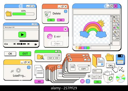Windows browser objects mega set in graphic flat design. Bundle elements of 80s 90s retro style of computer windows of loading files, player and other templates. Vector illustration isolated stickers Stock Vector