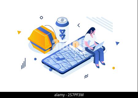 Food delivery concept in 3d isometric design. Woman makes online order from restaurant and tracks package using map in mobile app. Vector illustration with isometric people scene for web graphic Stock Vector