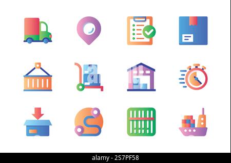 Delivery icons set in color flat design. Pack of truck, location pin, checklist, parcel box, container, warehouse storage, forklift, barcode and other. Vector pictograms for web sites and mobile app Stock Vector