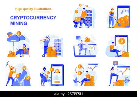 Cryptocurrency mining web concept with people scenes set in flat style. Bundle of extracting bitcoins and other crypto coins, investing in mining farms. Vector illustration with character design Stock Vector