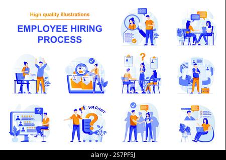 Employee hiring process web concept with people scenes set in flat style. Bundle of human resources, choose resume, open vacancy in office, job interview. Vector illustration with character design Stock Vector