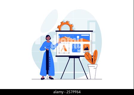 Web development concept with character scene. Woman creating different elements and developing layout pages. People situation in flat design. Vector illustration for social media marketing material. Stock Vector