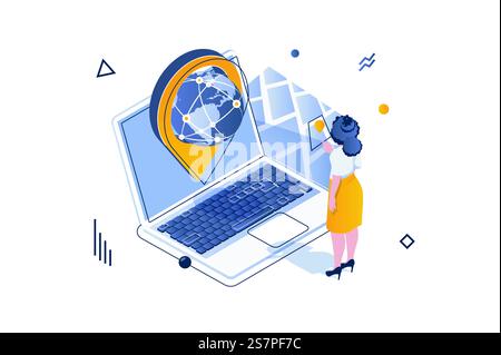 Transportation logistics concept in 3d isometric design. Woman working in global delivery company of export and import, cargo service. Vector illustration with isometric people scene for web graphic Stock Vector