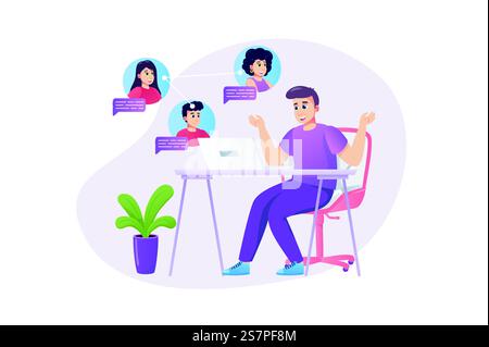 Video conference concept in flat style with people scene. Happy man communicate with friends or colleagues on group video calling using laptop program at home. Vector illustration for web design Stock Vector
