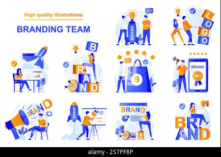 Branding team web concept with people scenes set in flat style. Bundle of new brand building for business, creating trademark and logo, success strategy. Vector illustration with character design Stock Vector