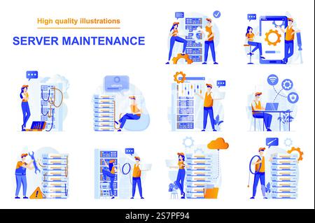 Server maintenance web concept with people scenes set in flat style. Bundle of technical work, working at server rack hardware room, engineers team repairs. Vector illustration with character design Stock Vector