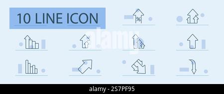 Economic growth and analytics set icon. Bar chart, arrow up, percentage, report, column, money, growth, decline, finance, projection Stock Vector