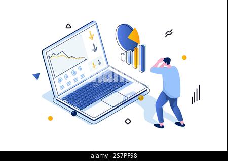 Unemployment crisis concept in 3d isometric design. Man analysis company graphs with arrows down, financial problem and recession. Vector illustration with isometric people scene for web graphic Stock Vector