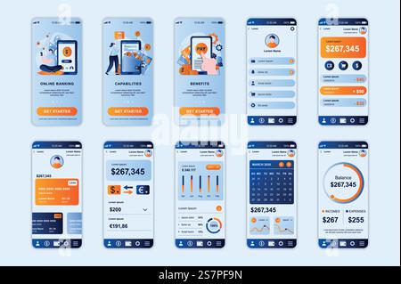 Banking concept screens set for mobile app template. People make online transactions and manage financial account. UI, UX, GUI user interface kit for smartphone application layouts. Vector design Stock Vector