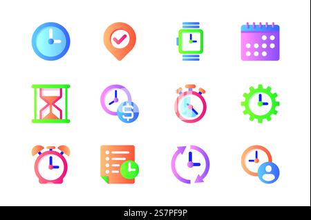 Time management icons set in color flat design. Pack of clock, watch, calendar, deadline, list, alarm, timer, hourglass, stopwatch, countdown and other. Vector pictograms for web sites and mobile app Stock Vector
